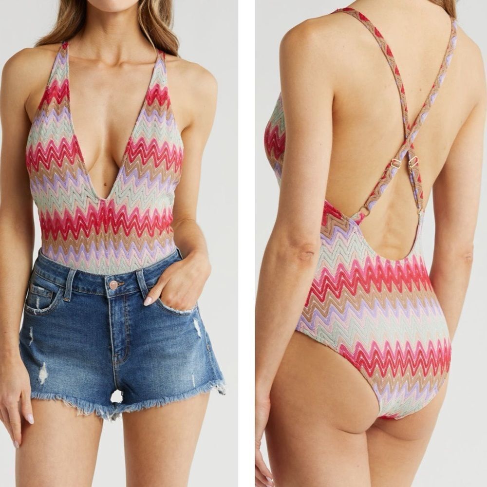 NWT Show Me Your MuMu Biarritz Zigzag Knit Bodysuit In Riviera Zigzag Crochet XL